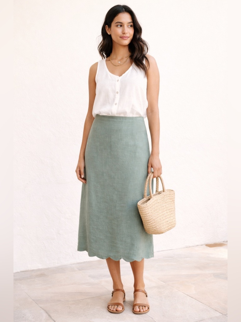 Abercrombie & Fitch Sage Green Scalloped Hem Linen Midi Skirt Coastal Small